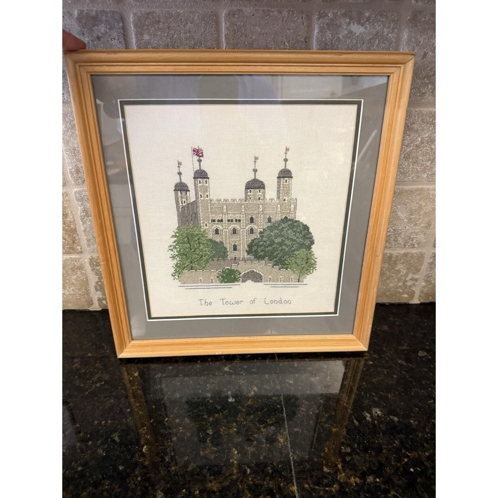 Vintage Framed Cross Stitch Tower Of London 13.5x14 Wall Art UK Cottagecore
